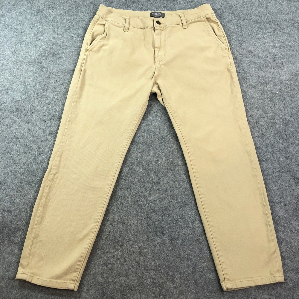 Ash and Erie Mens Chino Pant 34x27 (fits 32x26) Khaki Beige Stretch Cotton Denim